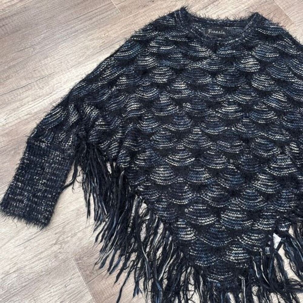 Frazzle Women's Eyelash Knit With Sleeve Fringe Poncho Sweater Black Blue Medium